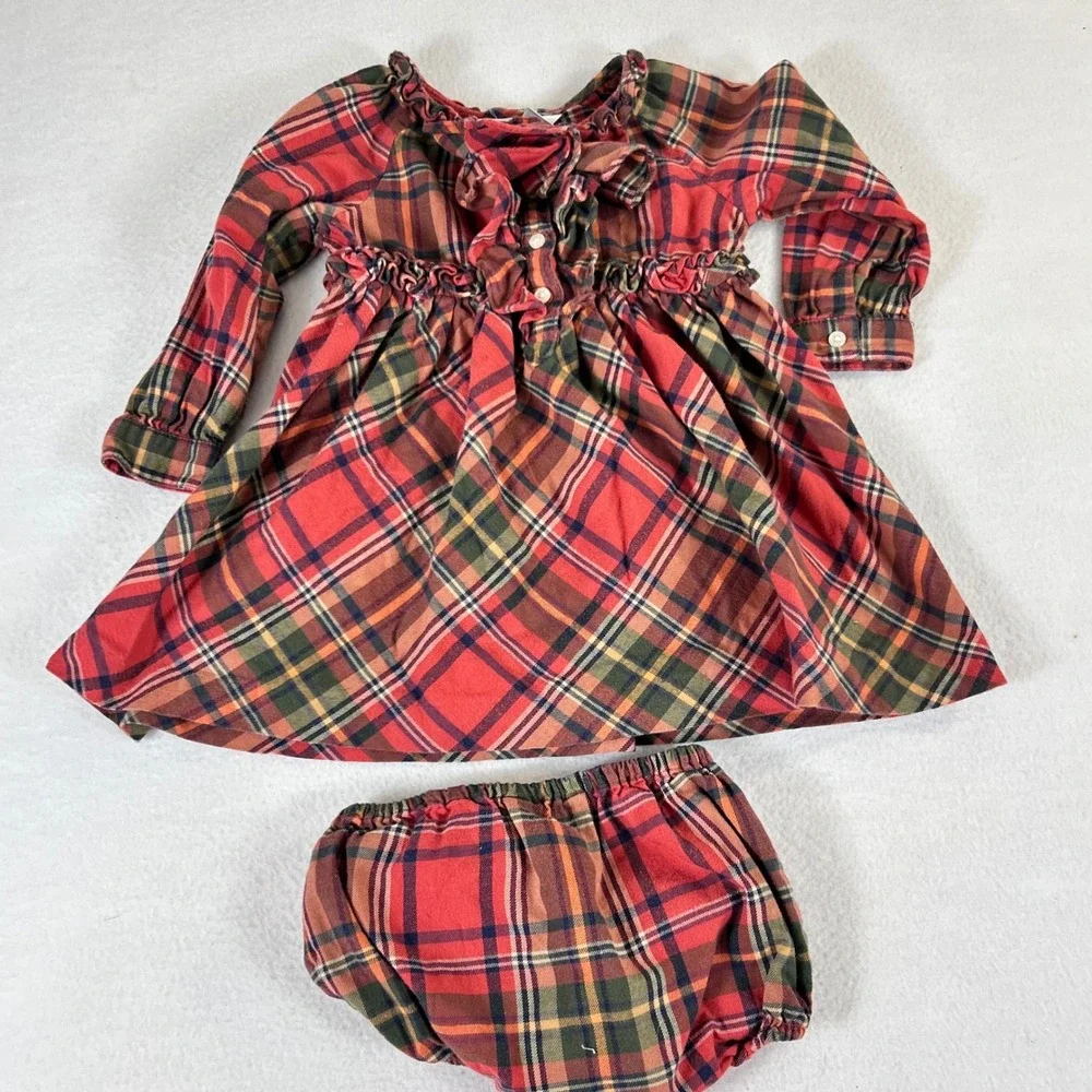 Ralph Lauren Baby Girls Red Plaid Flannel Dress and Bloomers Set 9M Holiday